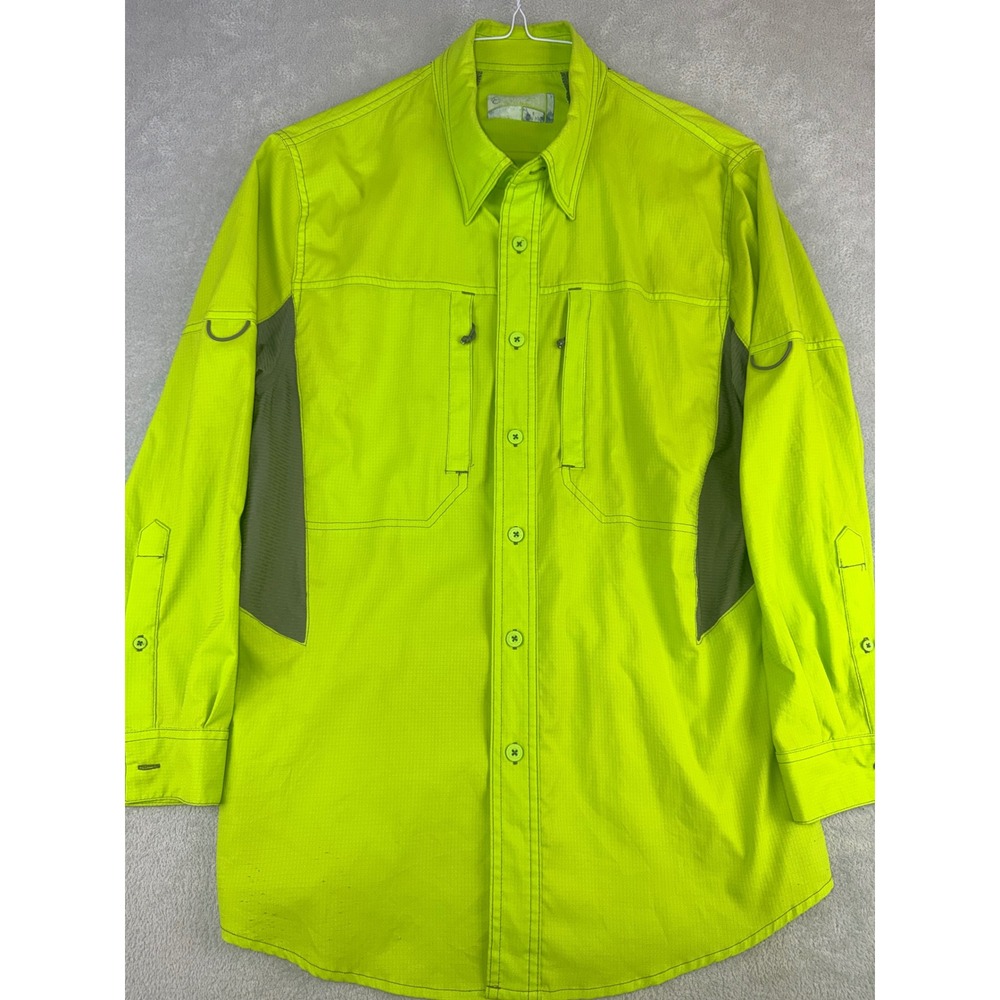 Gander Mountain Mens Technical Fishing Shirt Neon Hi-Vis Green Ripstop Small